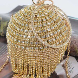 Round Rhinestone Fringe Bag W Faux Pearl